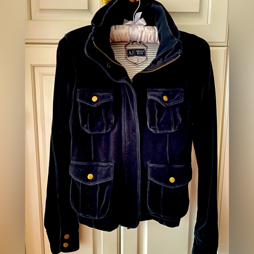 Armani Jeans Navy Velour Safari Jacket Lined women S 70s zip up velvet
